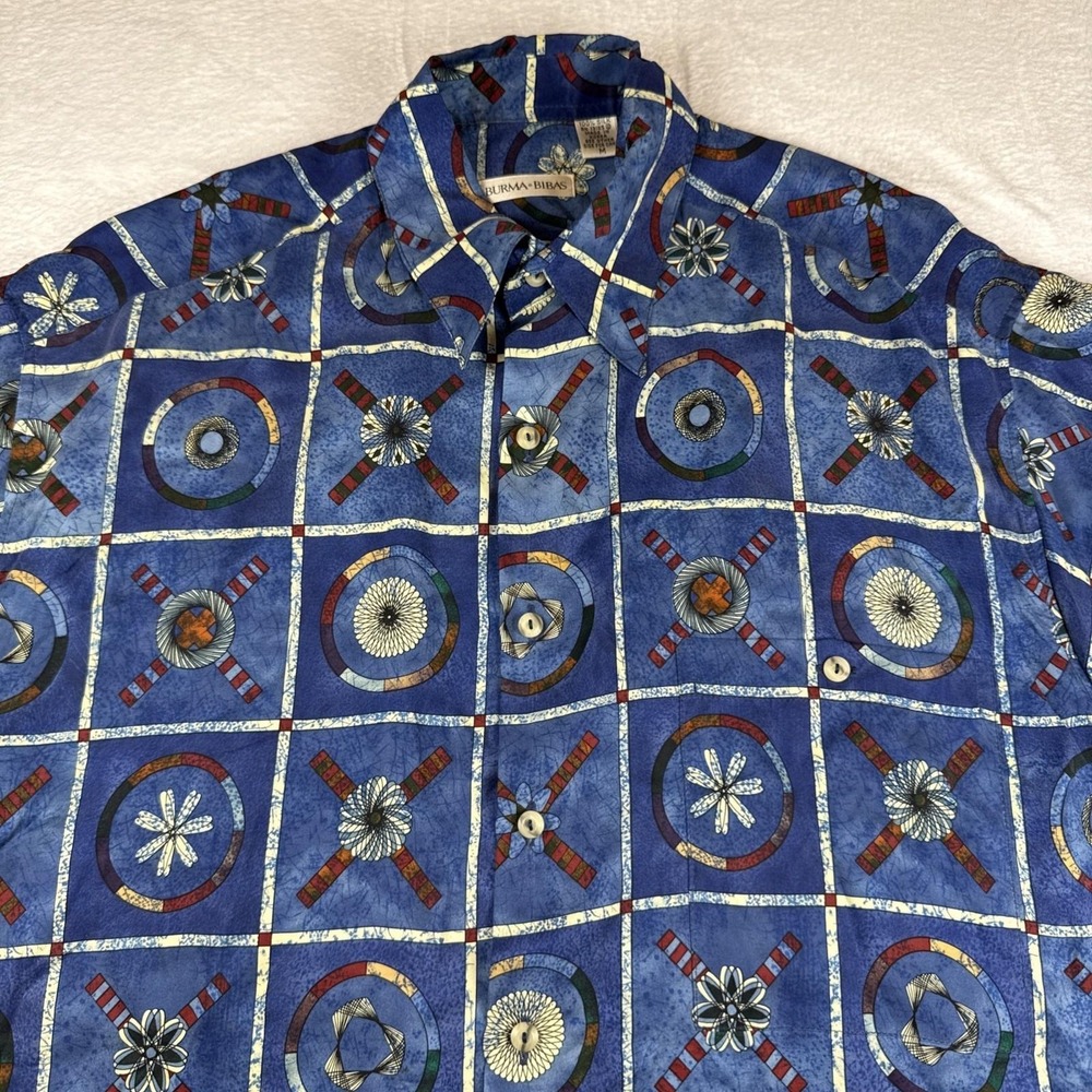 Vintage 90's Burma Bibas Hawaiian Camp Shirt Men Medium Blue Geometric Hong Kong